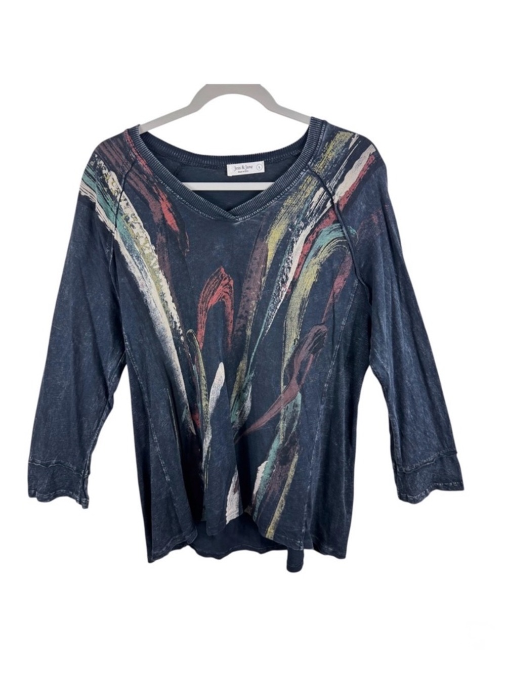Jess & Jane Brush Stroke Art To Wear V Neck 3/4 Sleeve Tunic Top Cotton Womens L